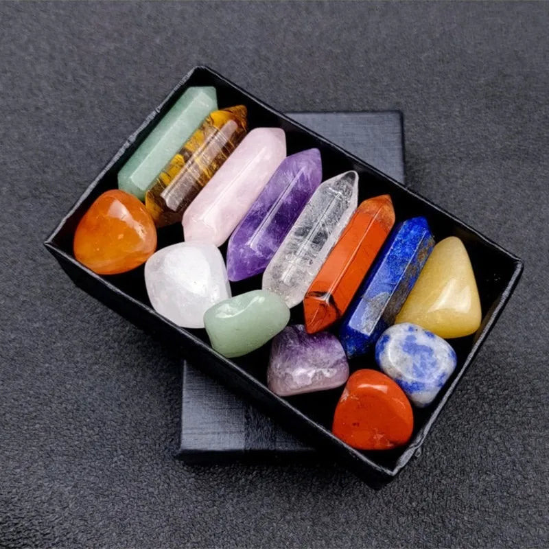 Conjunto de 14 pedras e cristais de cura para chakras, cristais de quartzo rosa hexagonal, para decoração de quarto e meditação